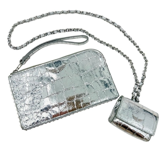 Zadig & Voltaire Silver Croc Embossed Phone Wallet Wristlet and AirPod Case Set - Picture 10 of 16